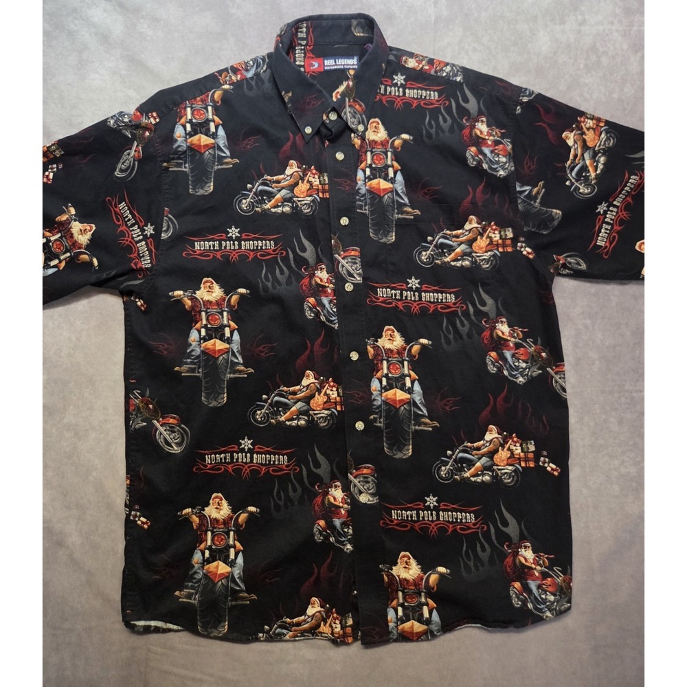 Motorcycle Santa Shirt Mens L Short Sleeve Button Up North Pole Choppers Black